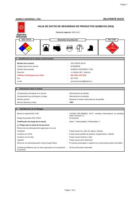 diluyente duco hoja de datos de seguridad de productos quimicos