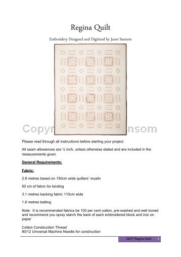 Download the Regina Quilt Instructions - Echidna Sewing Products