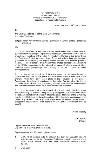IAS Promotion Guidelines - Ministry of Personnel, Public Grievances ...