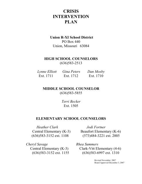 CRISIS INTERVENTION PLAN - Union R-XI School District