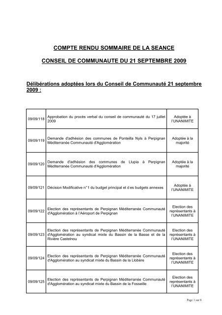 Compte rendu synthÃ©tique conseil 21 sept 09 - CommunautÃ© d ...