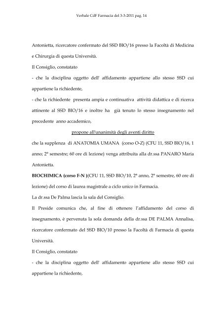 VERBALE DELLA SEDUTA DEL CONSIGLIO DI FACOLTA' DI ...