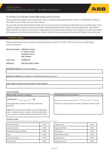 International Money Transfer Form or Telepgraphic - ASB Securities