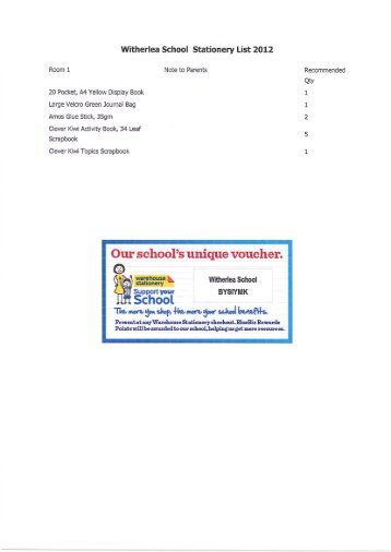 Witherlea School Stationery List 2012 - Warehouse Stationery
