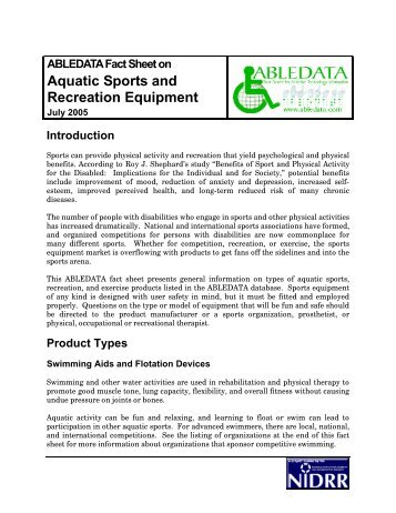 ABLEDATA Fact Sheet On Aquatic Sports And Recreation Equipment