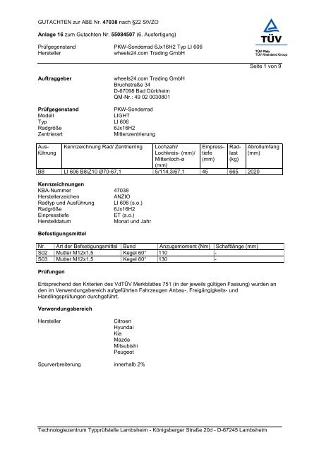 GUTACHTEN zur ABE Nr. 47038 nach Â§22 ... - Tyremotive GmbH