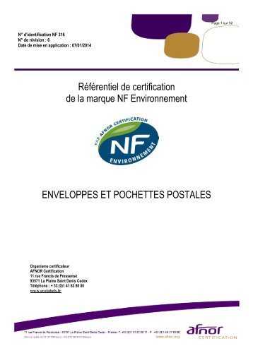 Référentiel de Certification NF316 - Enveloppes et ... - Marque NF