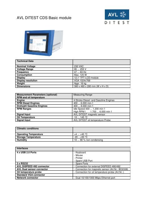 Technical Data Sheet - AVL DiTEST