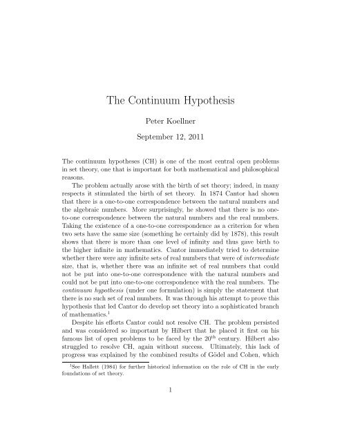 The Continuum Hypothesis - Logic at Harvard