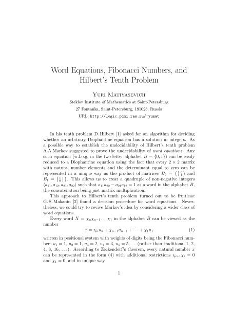 Word Equations, Fibonacci Numbers, and Hilbert's Tenth Problem