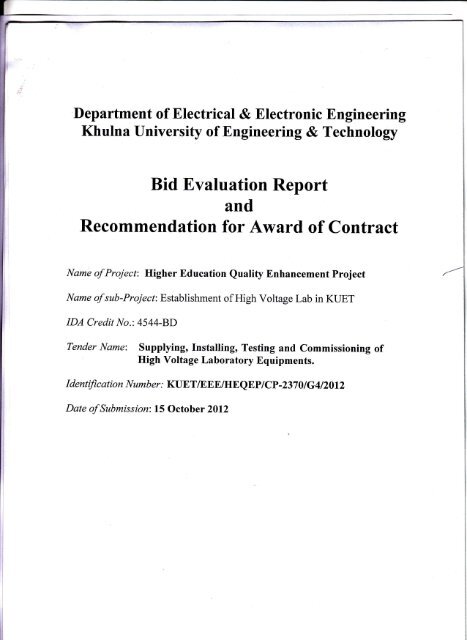 Khulna- 9203. Subject: Approval of Bid Evaluation Report of ... - KUET