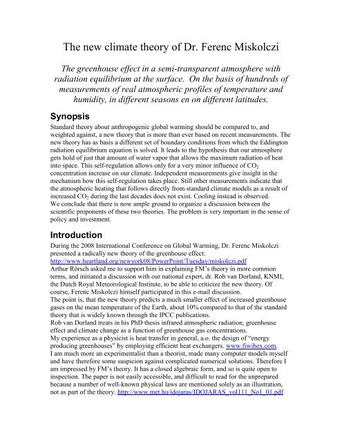 The new climate theory of Dr. Ferenc Miskolczi