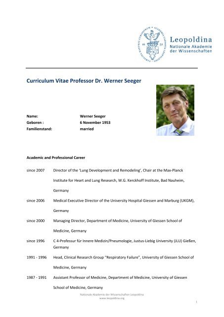 Curriculum Vitae Professor Dr. Werner Seeger - Leopoldina