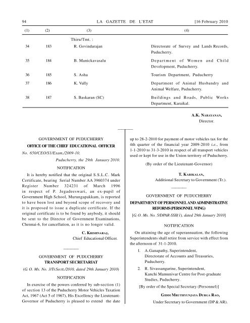 Government Notifications - Government of Puducherry