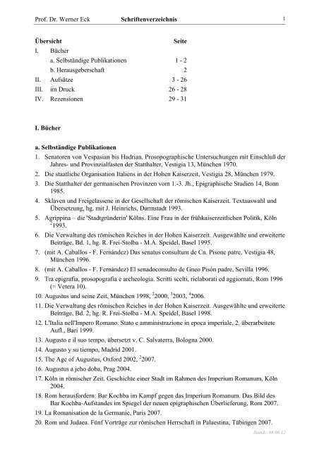 Prof Dr Werner Eck Schriftenverzeichnis Ubersicht Seite I Bucher A Prof Dr Werner Eck Schriftenverzeichnis Ubersicht Seite I Bucher A