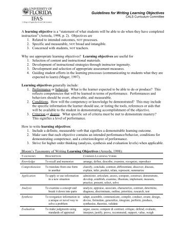 Guidelines for Writing Learning Objectives A learning objective is a ...