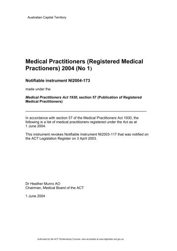 (Registered Medical Practioners) 2004 - ACT Legislation Register