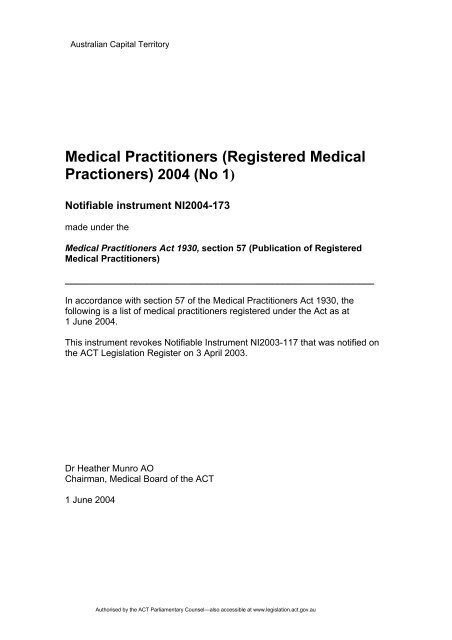 (Registered Medical Practioners) 2004 - ACT Legislation Register