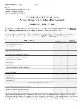 LOS ANGELES POLICE DEPARTMENT Personal History Form for ...