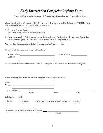 Early Intervention Complaint Registry Form