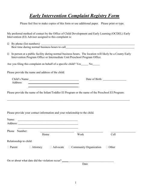 Early Intervention Complaint Registry Form