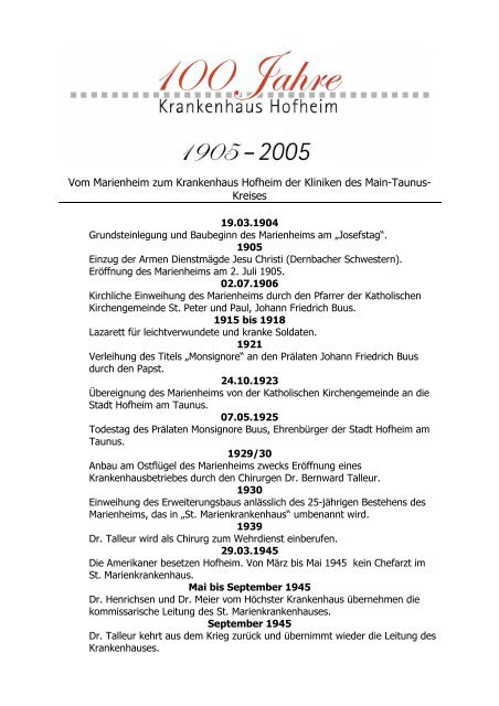 Vom Marienheim zum Krankenhaus Hofheim der ... - Kliniken des MTK