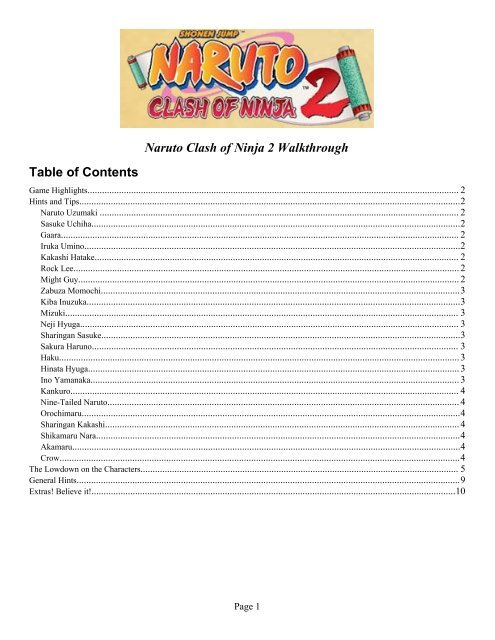 Naruto Clash of Ninja 2 Walkthrough Table of Contents - D3Publisher