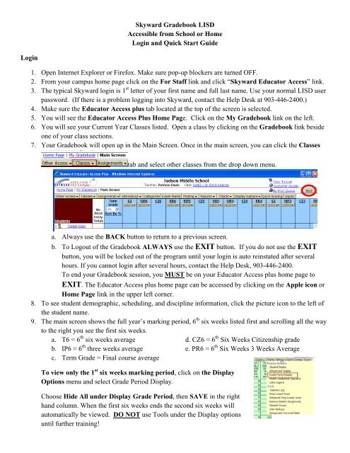 Skyward Gradebook LISD Accessible from School or Home Login ...