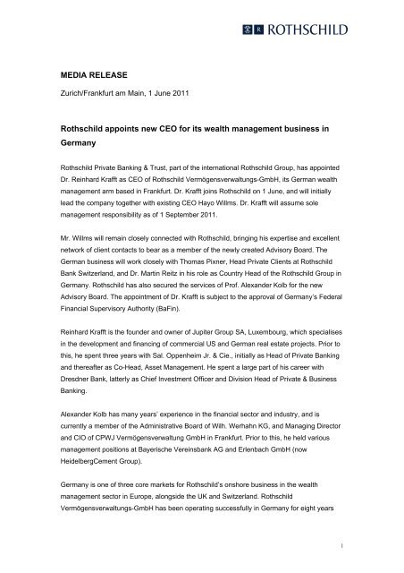 Rothschild Appoints New Ceo For Its Wealth Management