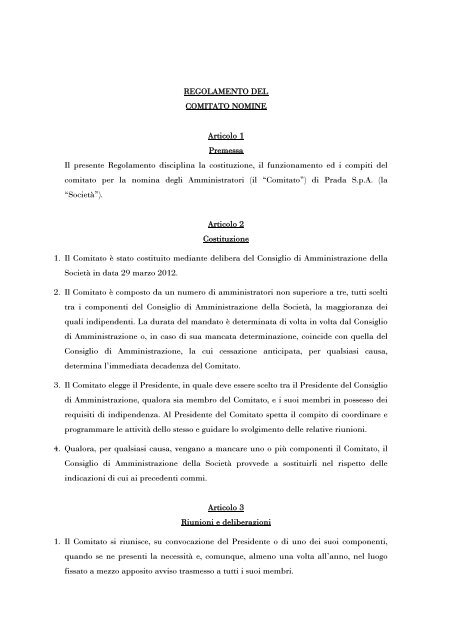 REGOLAMENTO DEL COMITATO NOMINE Articolo 1 ... - Prada Group