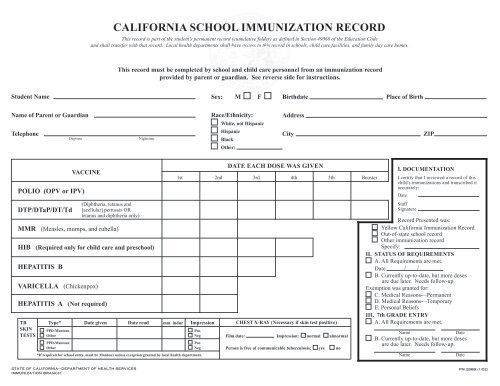 California School Immunization Record California Department Of 