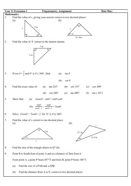 Year 11 Extension 1 Trigonometry Assignment Date Due ...