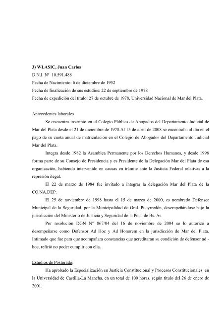 3) WLASIC, Juan Carlos DNI NÂº 10.591.488 Fecha de Nacimiento: 6 ...