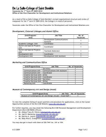 DLS-CSB Vacancies for 1st Term SY 2009-2010 - De La Salle ...