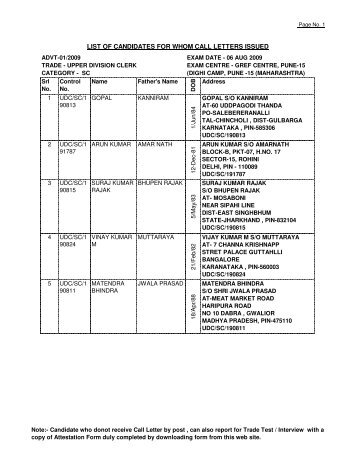 LIST CALL LETTERS - UDC - Bro.nic.in