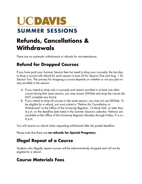 Refunds, Cancellations & Withdrawals - Summer Sessions - UC Davis