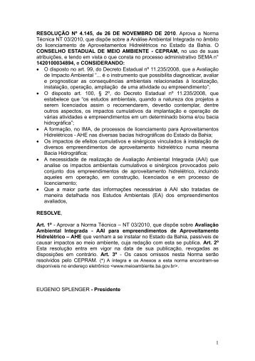 ResoluÃ§Ã£o CEPRAM nÂº 4145/10 - Aprova a Norma TÃ©cnica - SEMA ...