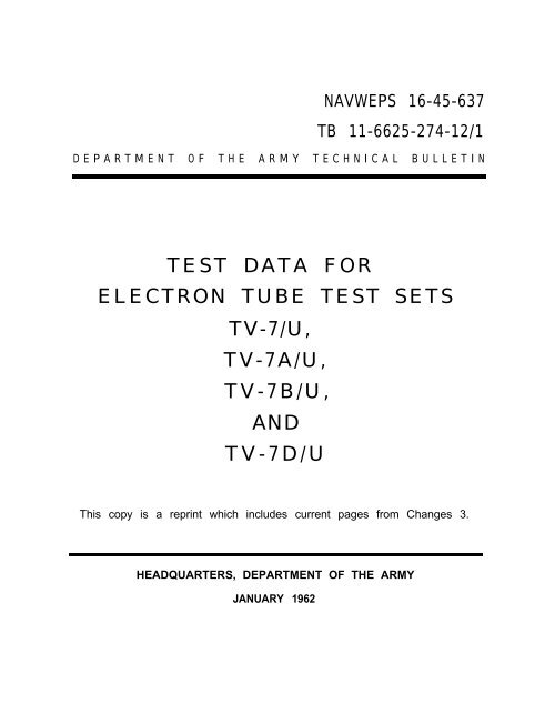 test data for electron tube test sets tv-7/u, tv-7a/u, tv-7b/u, and tv-7d/u