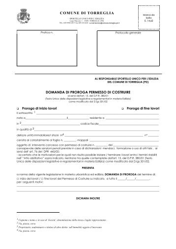 Domanda di proroga permesso di costruire - Comune di Torreglia
