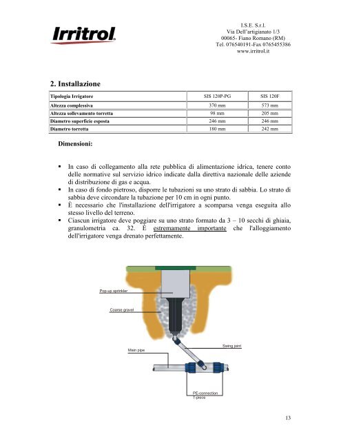 Istruzioni d'uso SIS 120P/SIS 120F - Irritrol