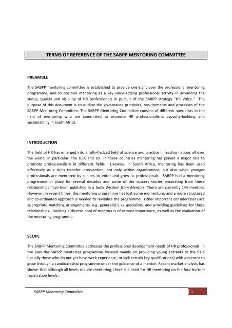 TERMS OF REFERENCE OF THE SABPP MENTORING COMMITTEE