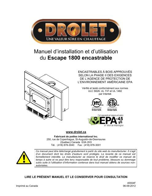 Manuel d'installation et d'utilisation du Escape 1800 ... - Drolet