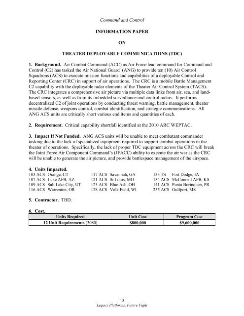 Air National Guard 2011 Weapons Systems Modernization ...