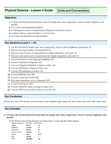 Physical Science - Lesson 4 Guide Units and Conversions