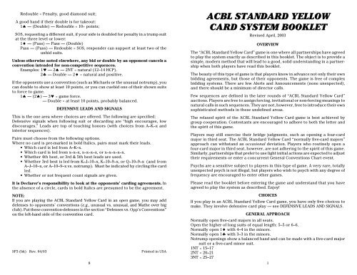 ACBL STANDARD YELLOW CARD SYSTEM BOOKLET - Bridge Guys