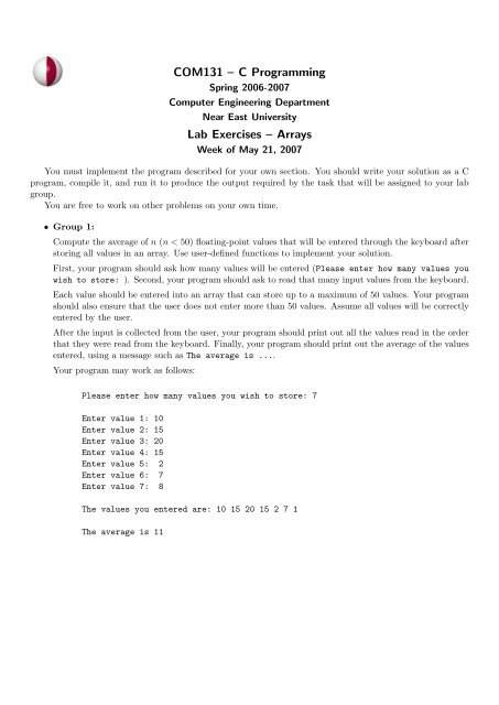 COM131 â C Programming Lab Exercises â Arrays