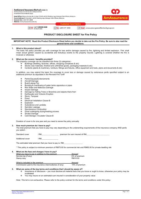 PRODUCT DISCLOSURE SHEET for Fire Policy - AmAssurance