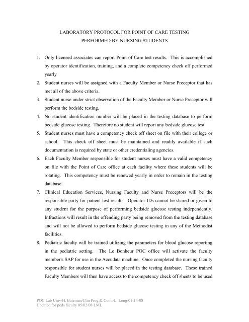 laboratory protocol for point of care testing performed by nursing ...