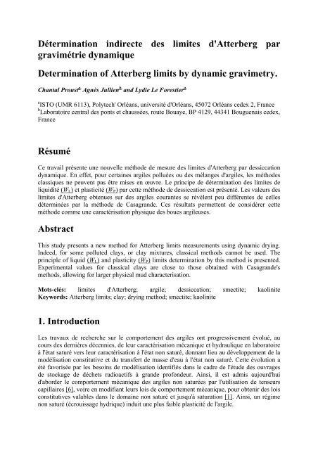 DÃ©termination indirecte des limites d'Atterberg par ... - HAL - INRIA