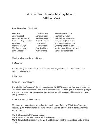whitnall band booster board meeting minutes whitnall high school